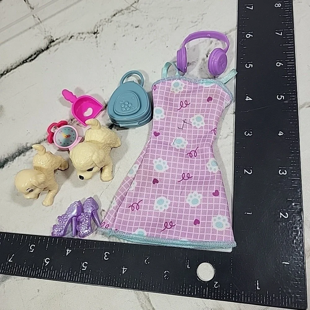 Barbie Doll Pet Sitter‎ Dog Lover Lot Paw Print Dress Puppies Shoes Scoop Clock